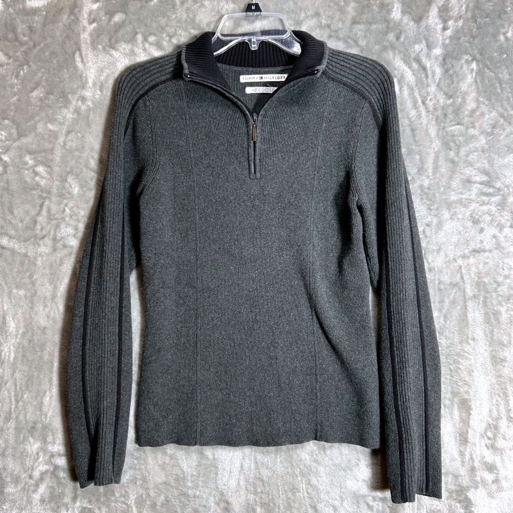 Vintage 2003 Tommy Hilfiger Mens Medium Gray Ribbed Quarter Zip Sweater